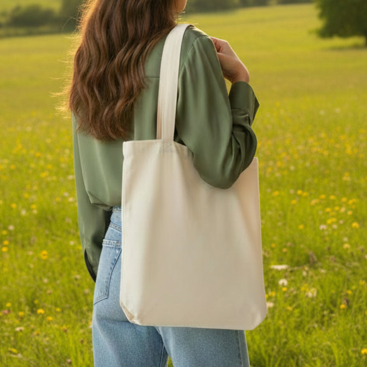 Natural canvas tote bag carried by model, open top with wide handles.