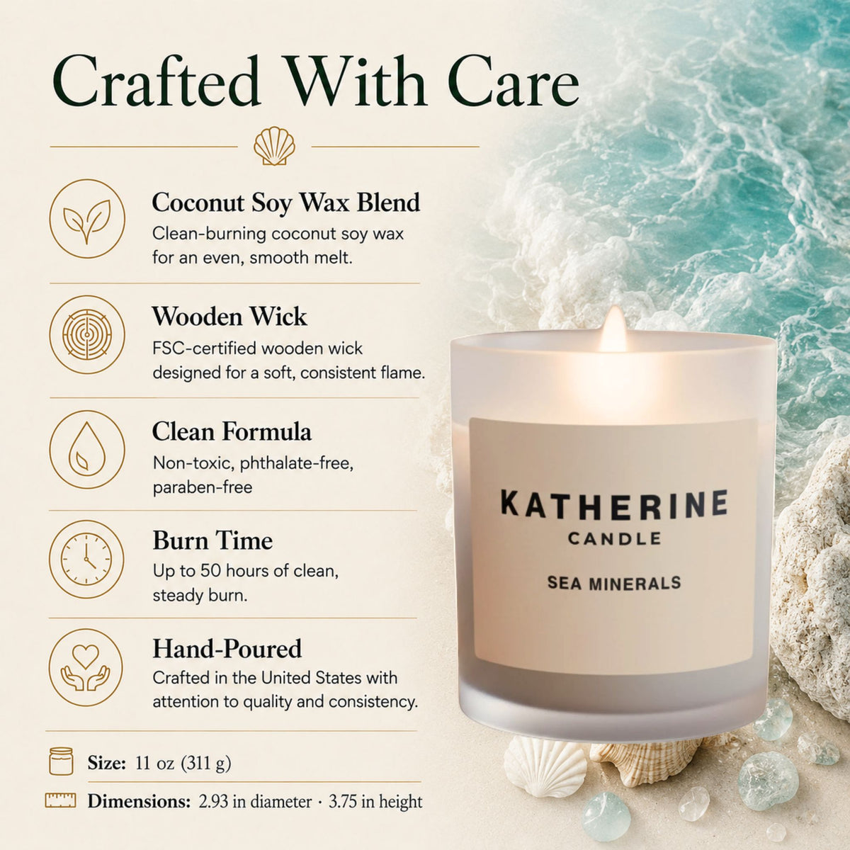 Sea Minerals candle in frosted jar, KATHERINE CANDLE label, wooden wick flame.