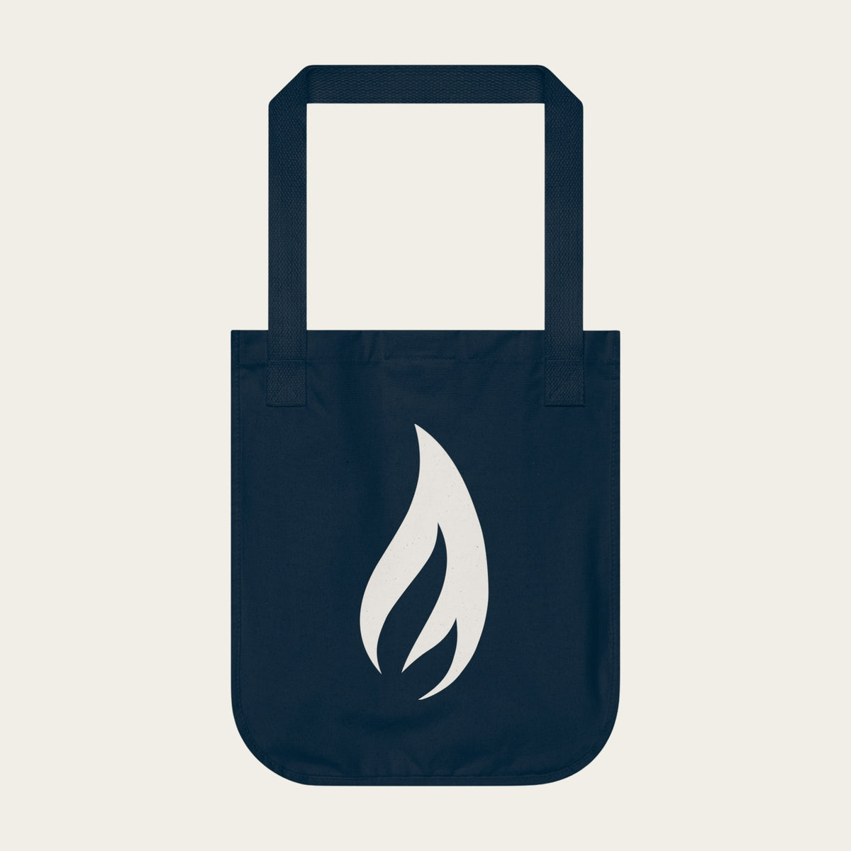 Navy flame canvas tote with top handles and front flame logo