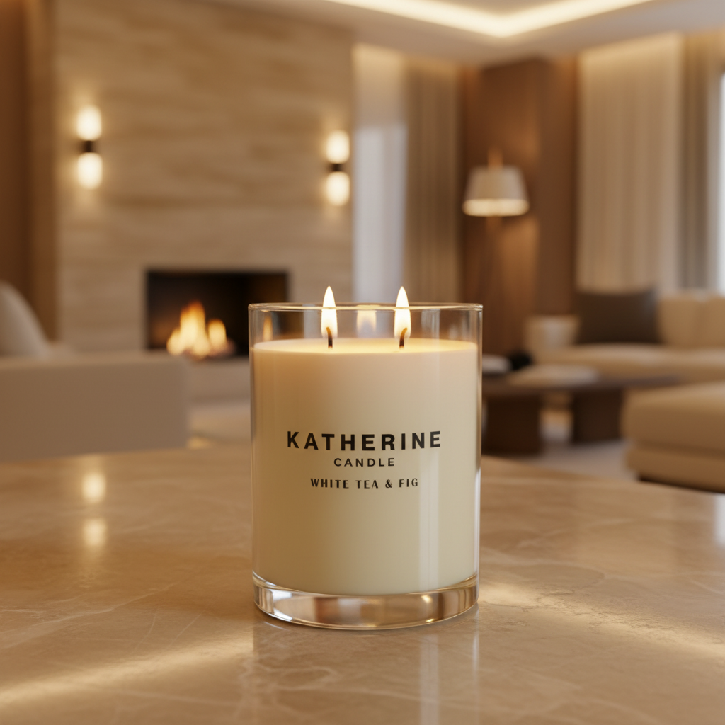 Cream wax candle in clear glass jar with gold base, KATHERINE label and two flames