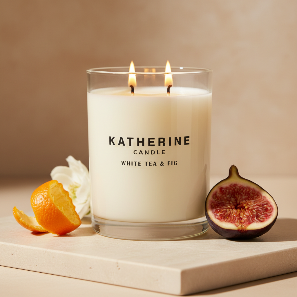 White Tea & Fig candle in clear glass on board with figs and orange slices