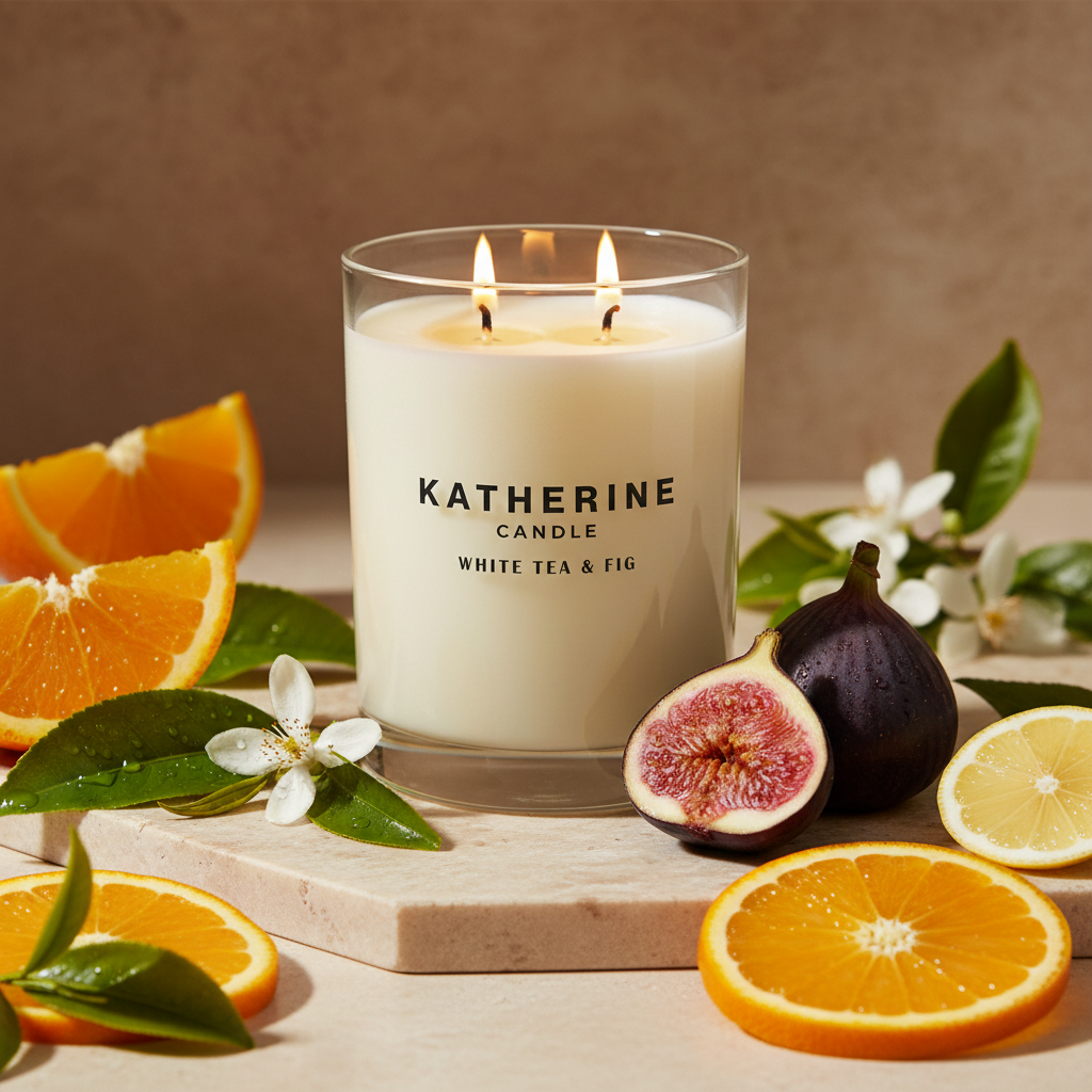 White Tea & Fig candle in clear glass with label, burning flames