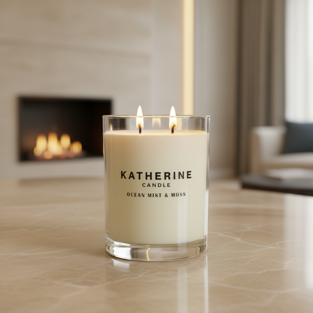 Amber glass jar candle, lit wicks, label: KATHERINE OCEAN MIST & MOSS