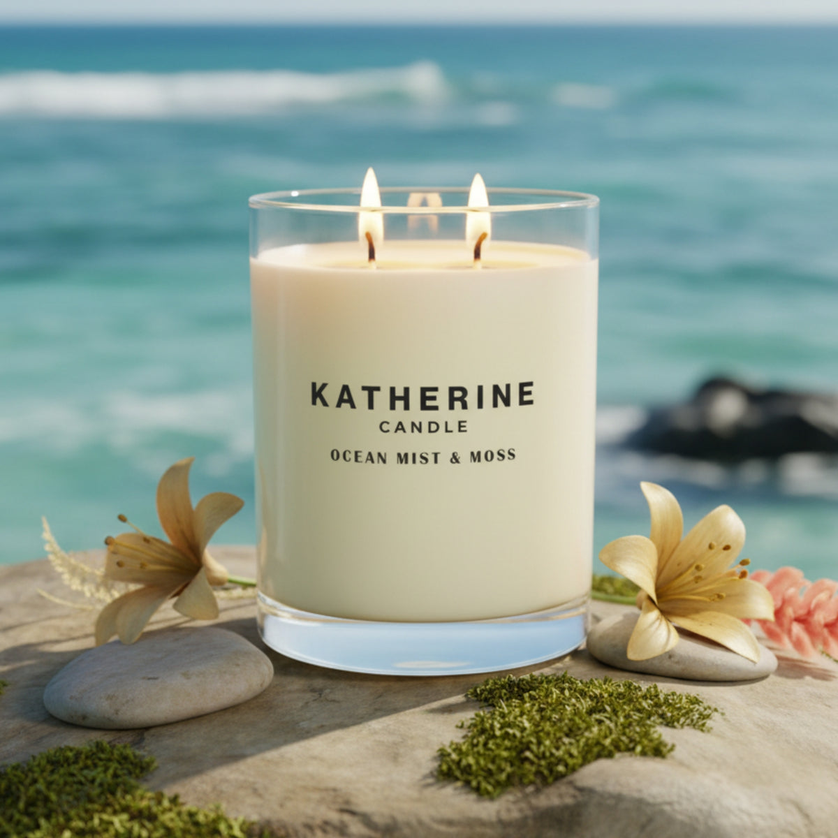 Ocean Mist & Moss candle in clear glass jar, three flames, off-white wax on beach stones