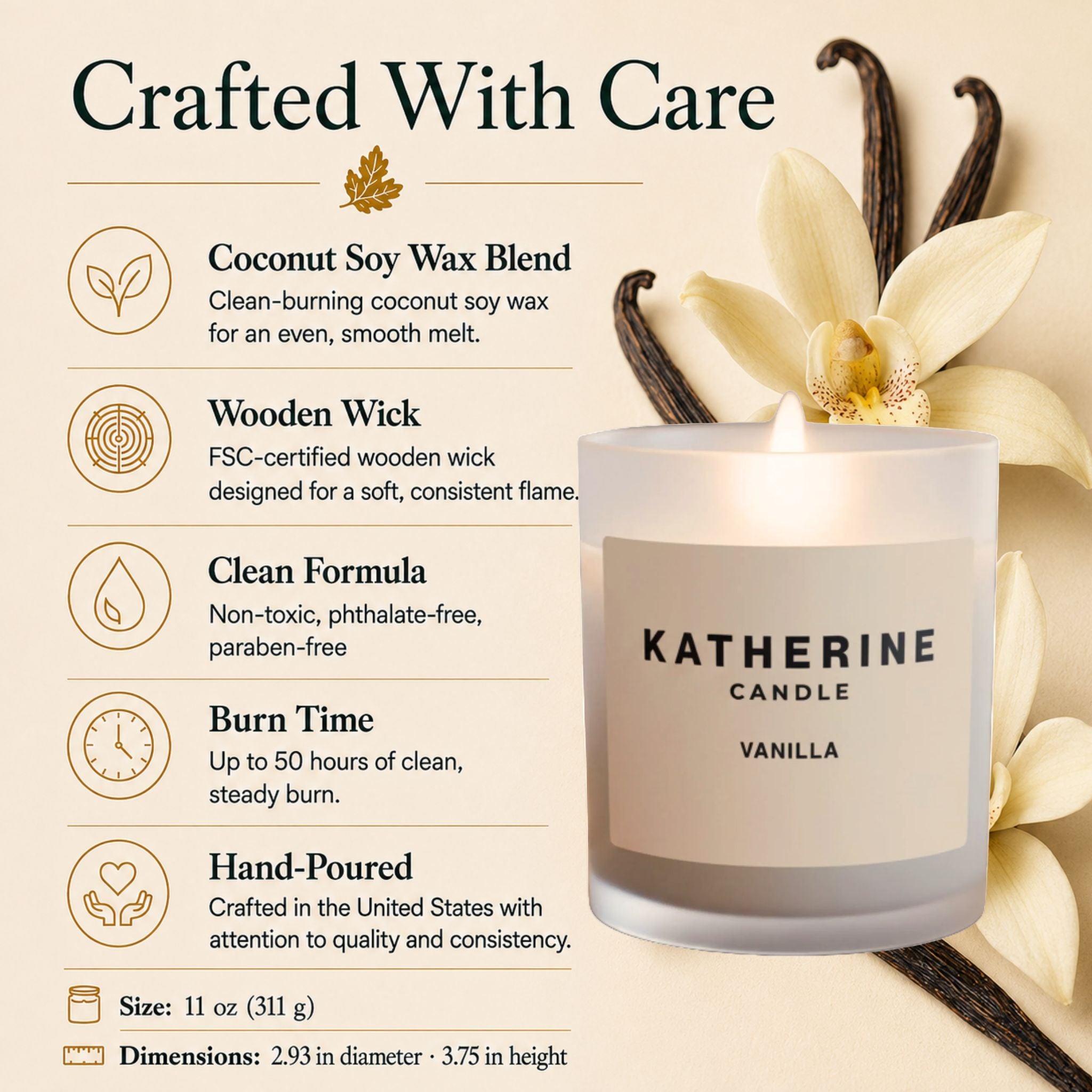 Vanilla candle jar with KATHERINE CANDLE VANILLA label and decorative flower