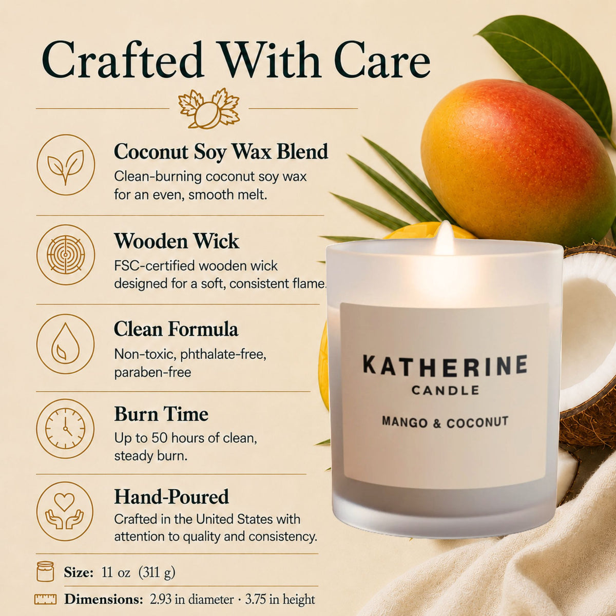 Katherine Candle jar with mango & coconut scent, white wax, near mango and coconut