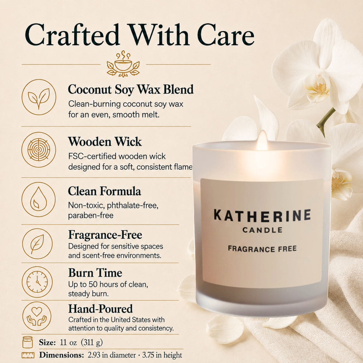 Fragrance-free candle with wooden wick and coconut soy wax blend text on packaging