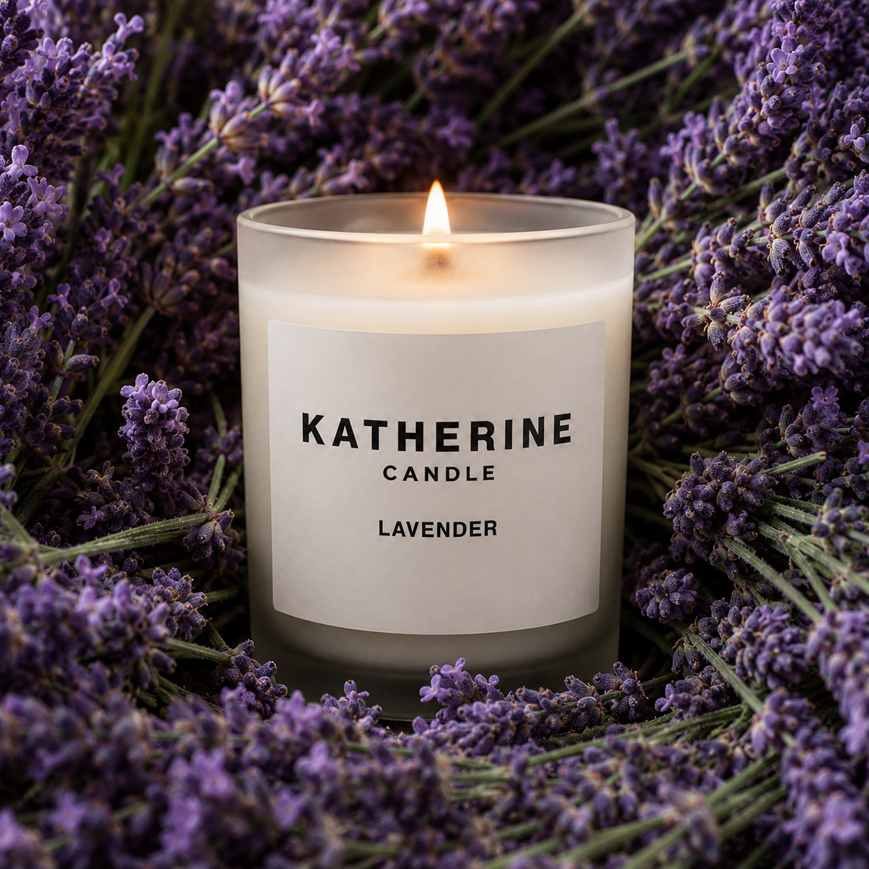 Lavender candle in white container with KATHERINE CANDLE label, burning flame