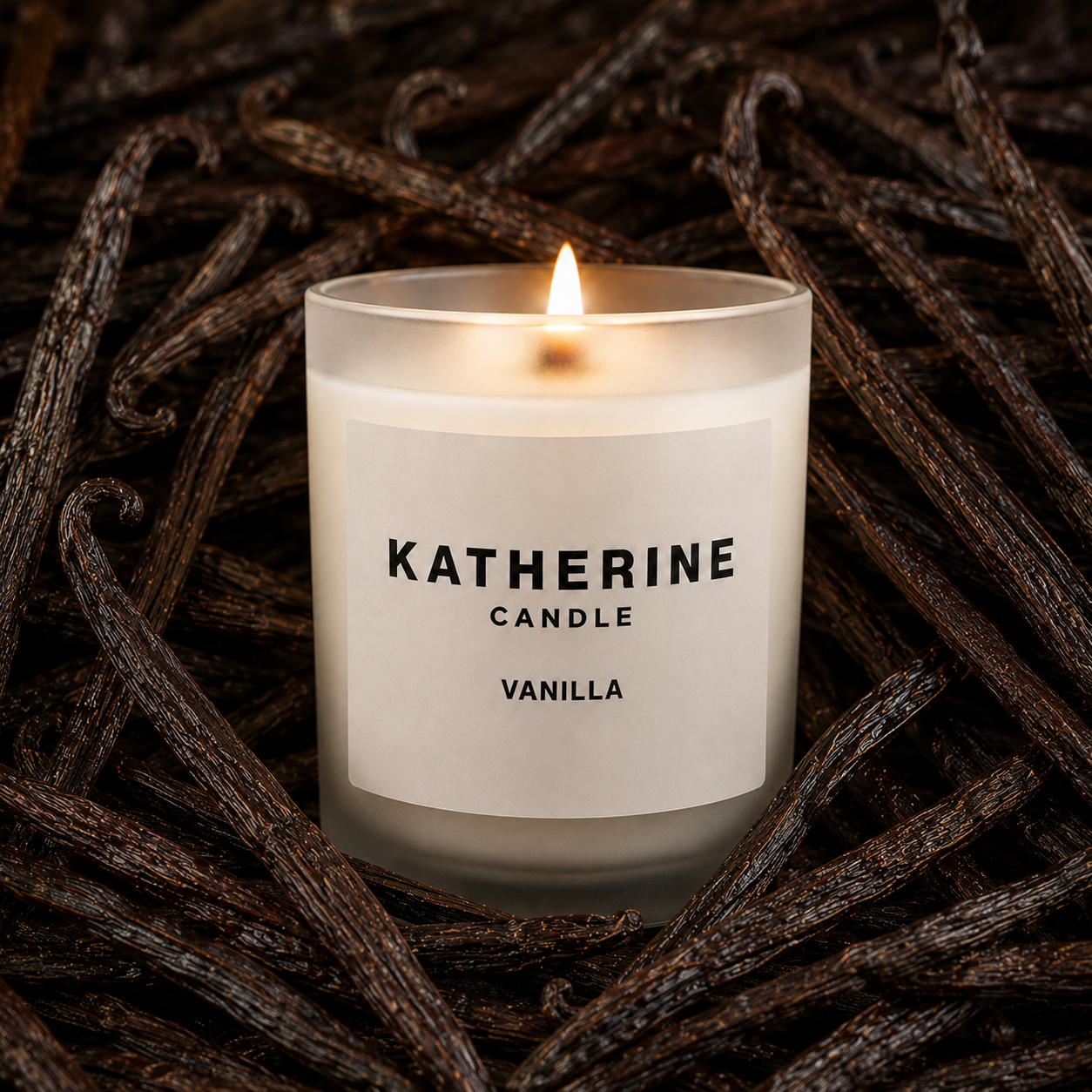 Vanilla candle jar with KATHERINE CANDLE VANILLA label and lit flame