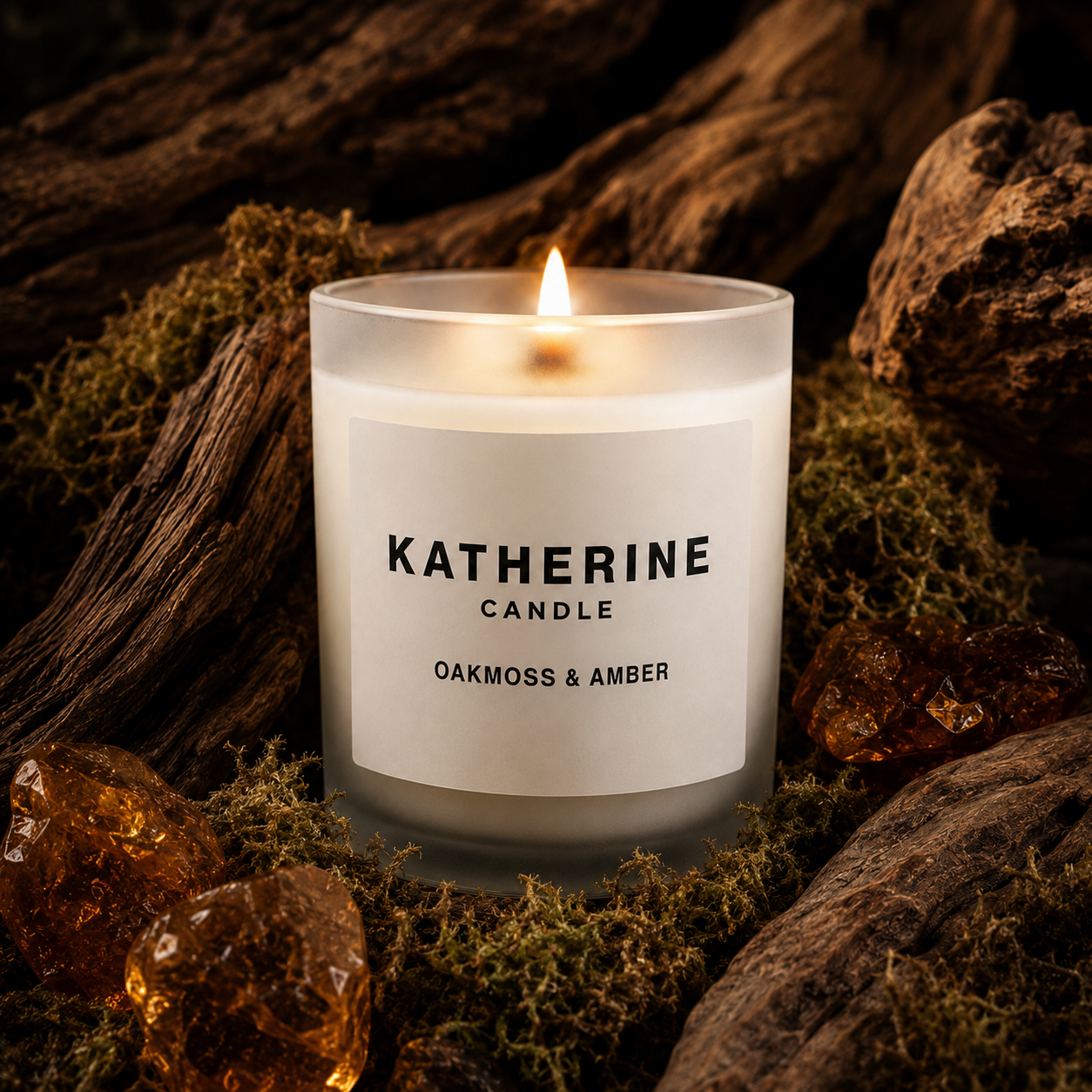 White Oakmoss & Amber candle in glass with KATHERINE CANDLE label and lit flame