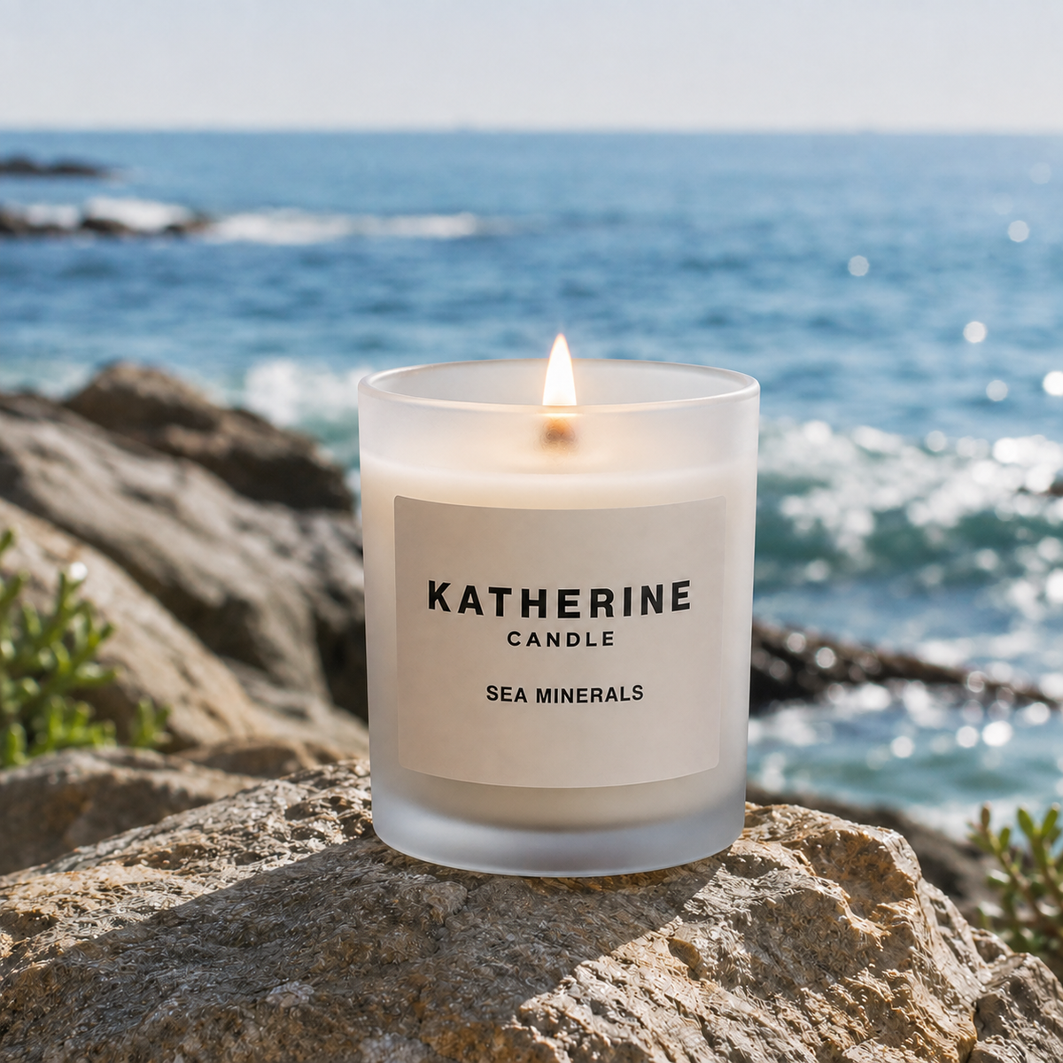 Sea minerals coconut soy wax candle in frosted glass jar with flame on rocky surface