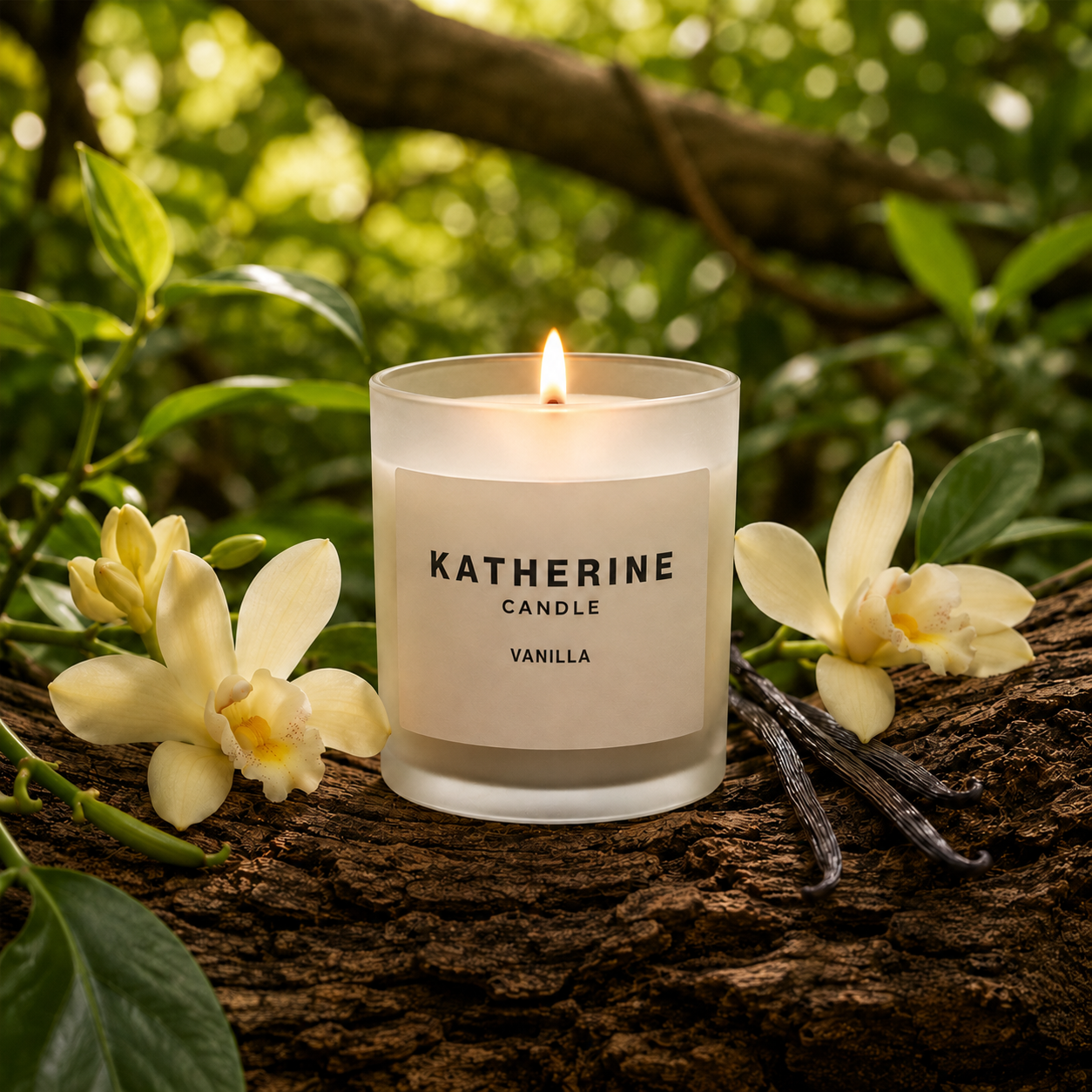 A lit Katherine Candle in a frosted glass jar sits on a log outdoors, surrounded by vanilla orchid flowers and vanilla beans against a blurred green forest background.