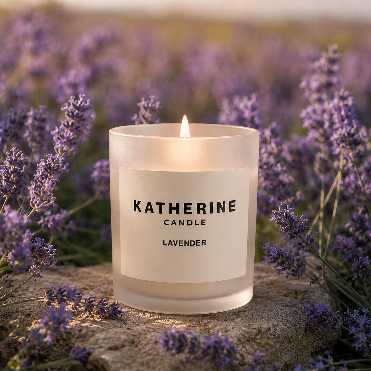 A frosted glass candle labeled 'KATHERINE CANDLE LAVENDER' sits lit on a stone surrounded by blooming lavender flowers in an outdoor field.