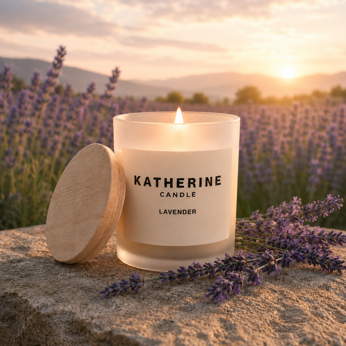 A lit Katherine Candle in a frosted glass jar with a wooden lid resting beside it on a stone surface, set in a lavender field at sunset. Lavender sprigs and the word 'LAVENDER' are visible, and the background shows blurred lavender flowers and mountains.