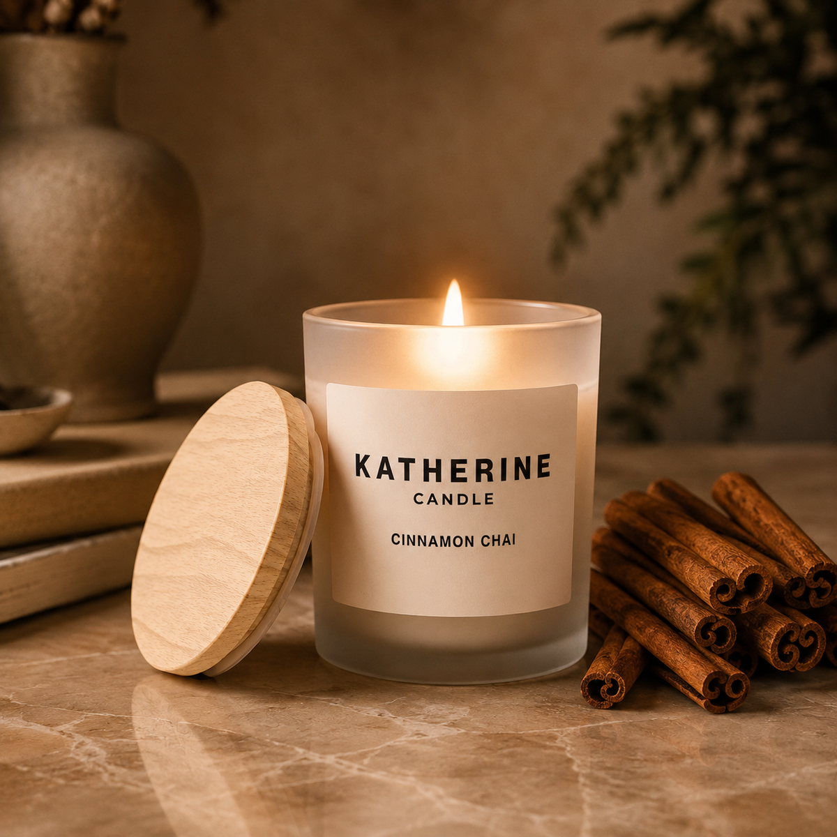 Coconut soy wax candle in frosted jar with lid beside it, Cinnamon Chai label