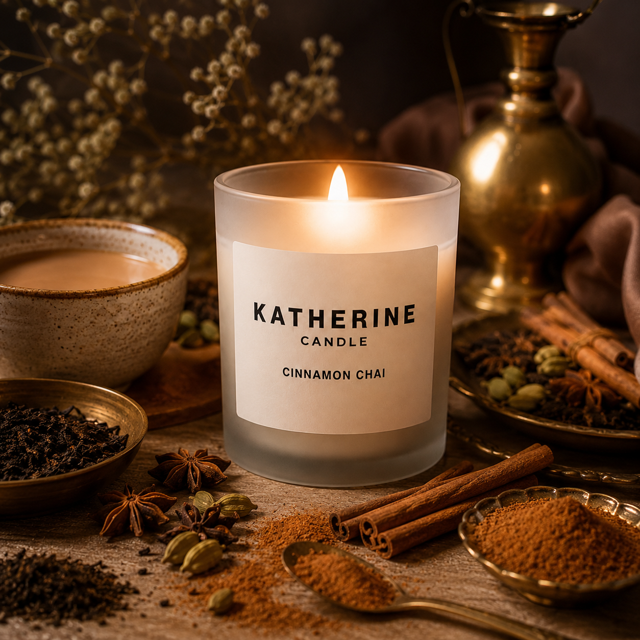 Lit coconut soy candle in frosted jar with KATHERINE CANDLE, Cinnamon Chai label