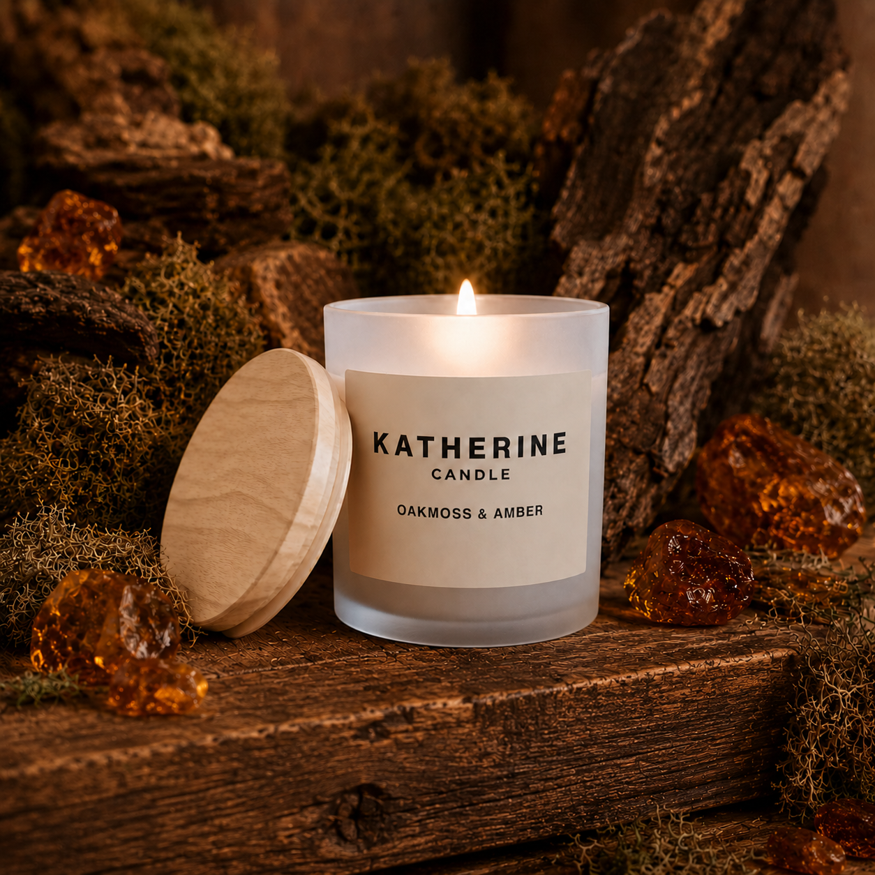 A lit Katherine Candle in a frosted glass jar with a light wood lid resting beside it on a rustic wooden surface, surrounded by moss, bark, and amber stones. The label reads 'KATHERINE CANDLE' and 'OAKMOSS & AMBER'.