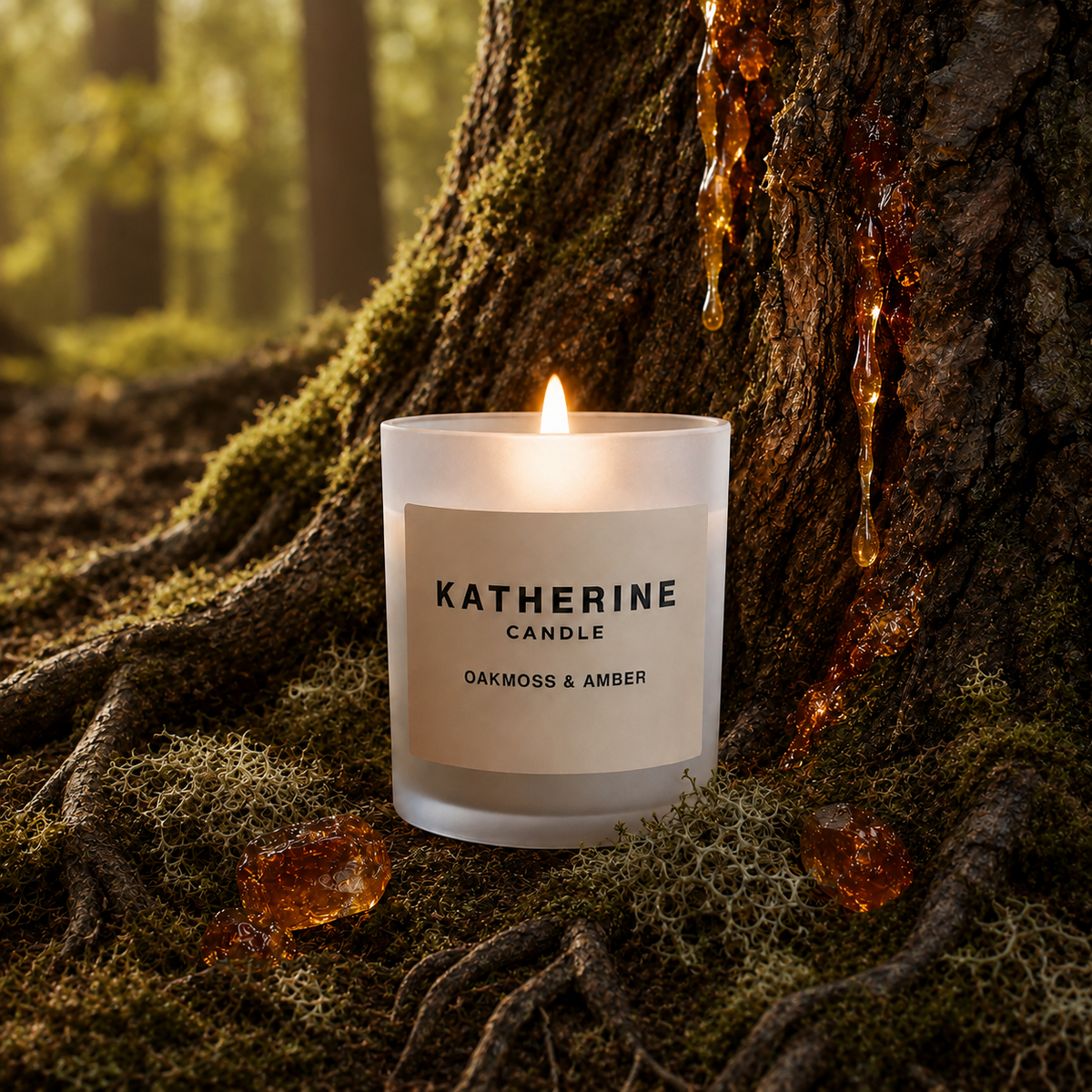 Burning soy wax candle in white jar; KATHERINE label with OAKMOSS & AMBER