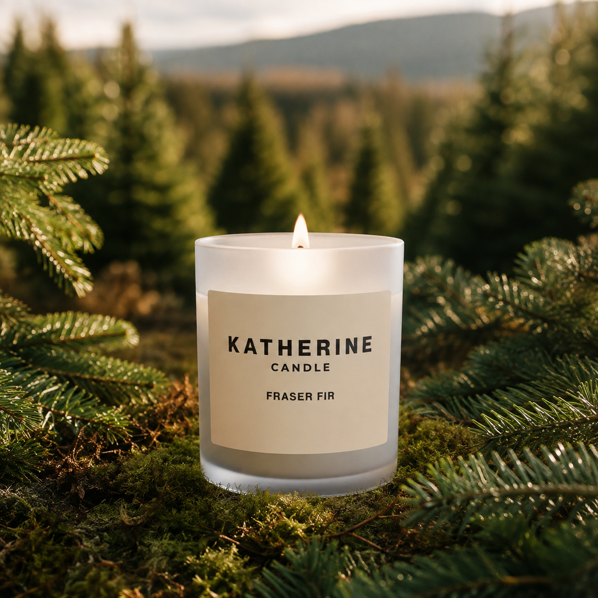 A lit frosted glass candle labeled KATHERINE CANDLE FRASER FIR sits on moss surrounded by evergreen branches, with a blurred forest and mountains in the background.