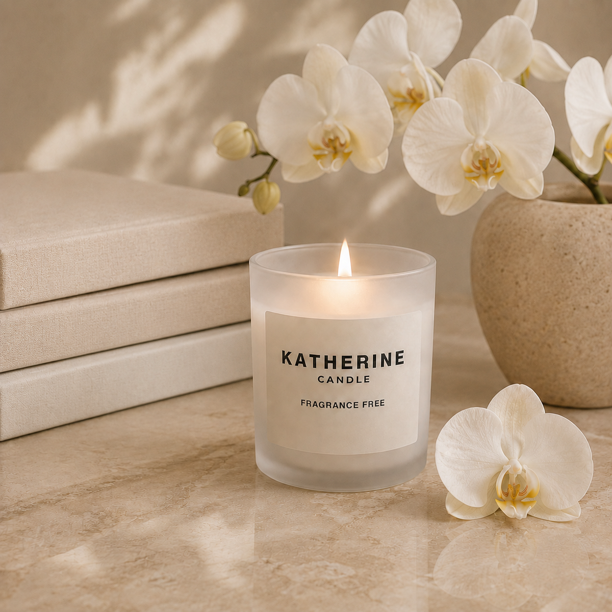 A frosted glass candle jar with a lit wick and a white label reading 'KATHERINE CANDLE' and 'FRAGRANCE FREE,' styled on a beige marble surface with stacked neutral books, white orchids, and a ceramic vase in the background.