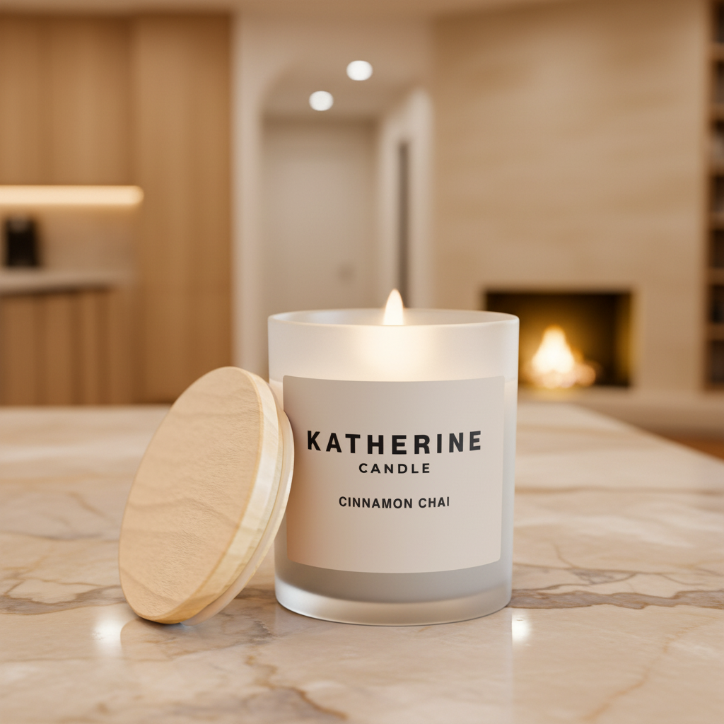White candle jar with wooden lid and warm flame, label reads KATHERINE CANDLE Cinnamon Chai