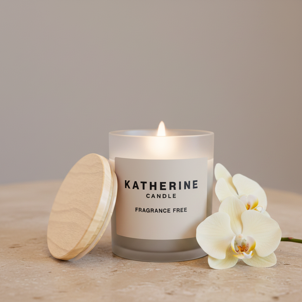 KATHERINE CANDLE fragrance-free candle in gray jar with lid and label