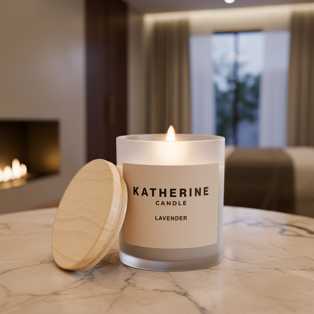 Lavender-scented candle in white glass jar, burning wick; wooden lid and label