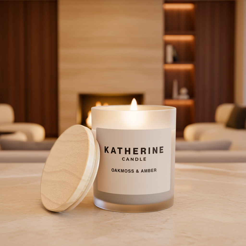 Katherine Candle oakmoss & amber jar candle in white glass with wooden lid and flame