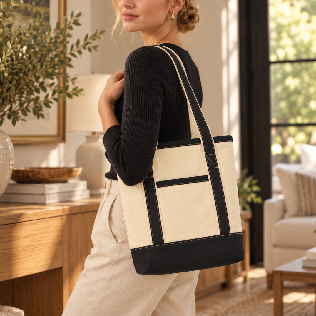 Cotton canvas tote bag with black trim, top handles and cream front panel
