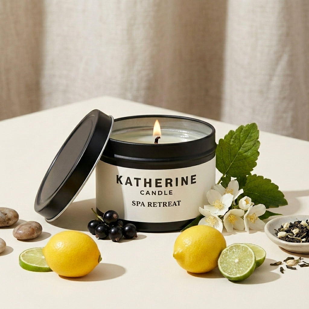 Black spa retreat candle jar with open lid and lit wick