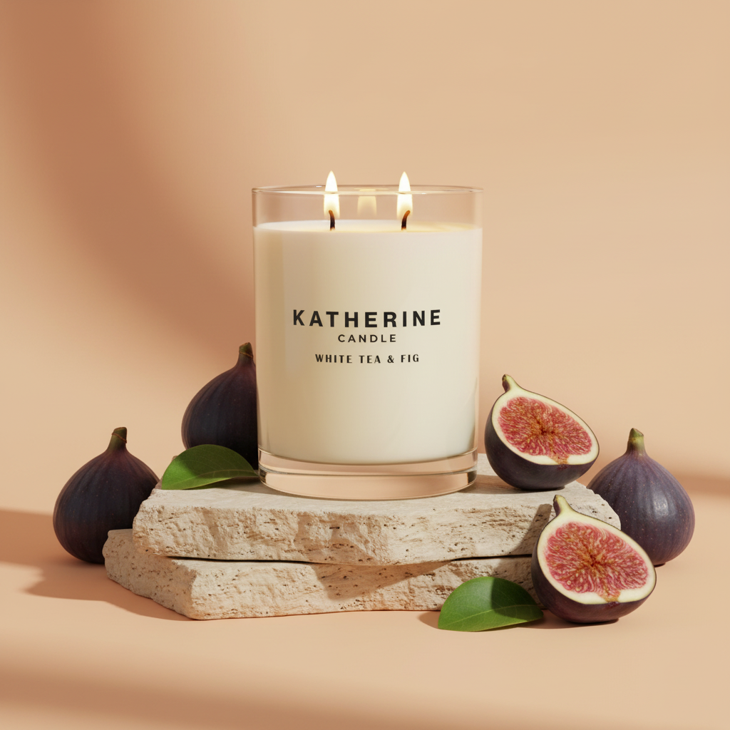 A double-wick candle in a clear glass jar sits on stacked stone blocks, surrounded by whole and sliced figs with green leaves. The candle label reads “KATHERINE CANDLE” and “WHITE TEA & FIG.