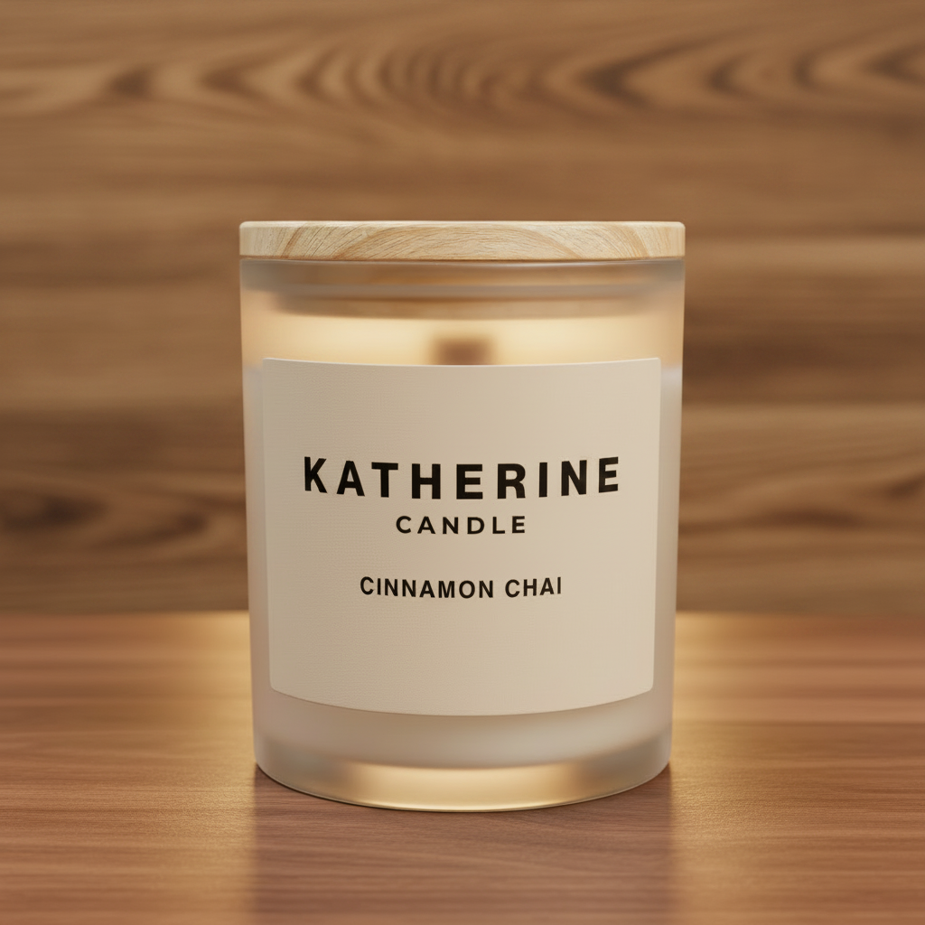 Coconut soy wax candle in frosted jar with wooden lid, Cinnamon Chai label