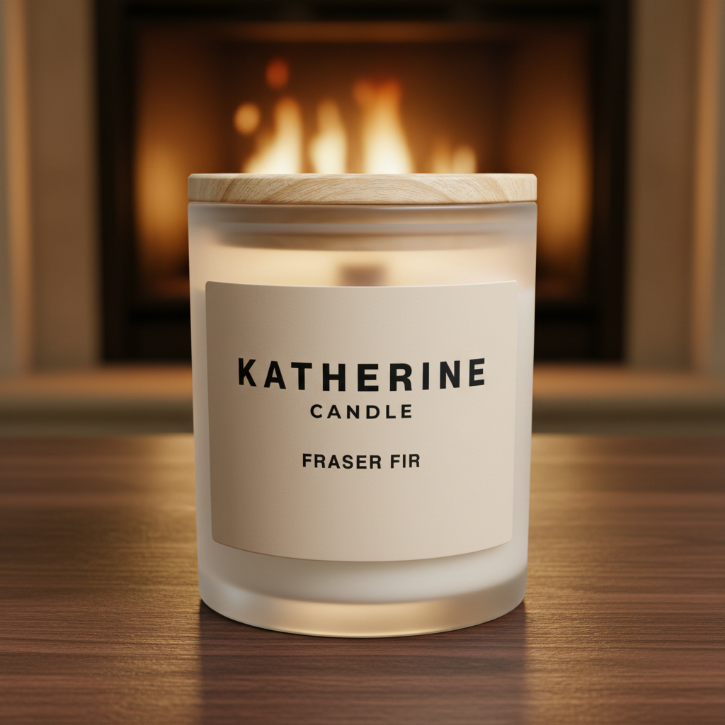 Fraser Fir scented soy wax candle in white container with wood lid, KATHERINE CANDLE label