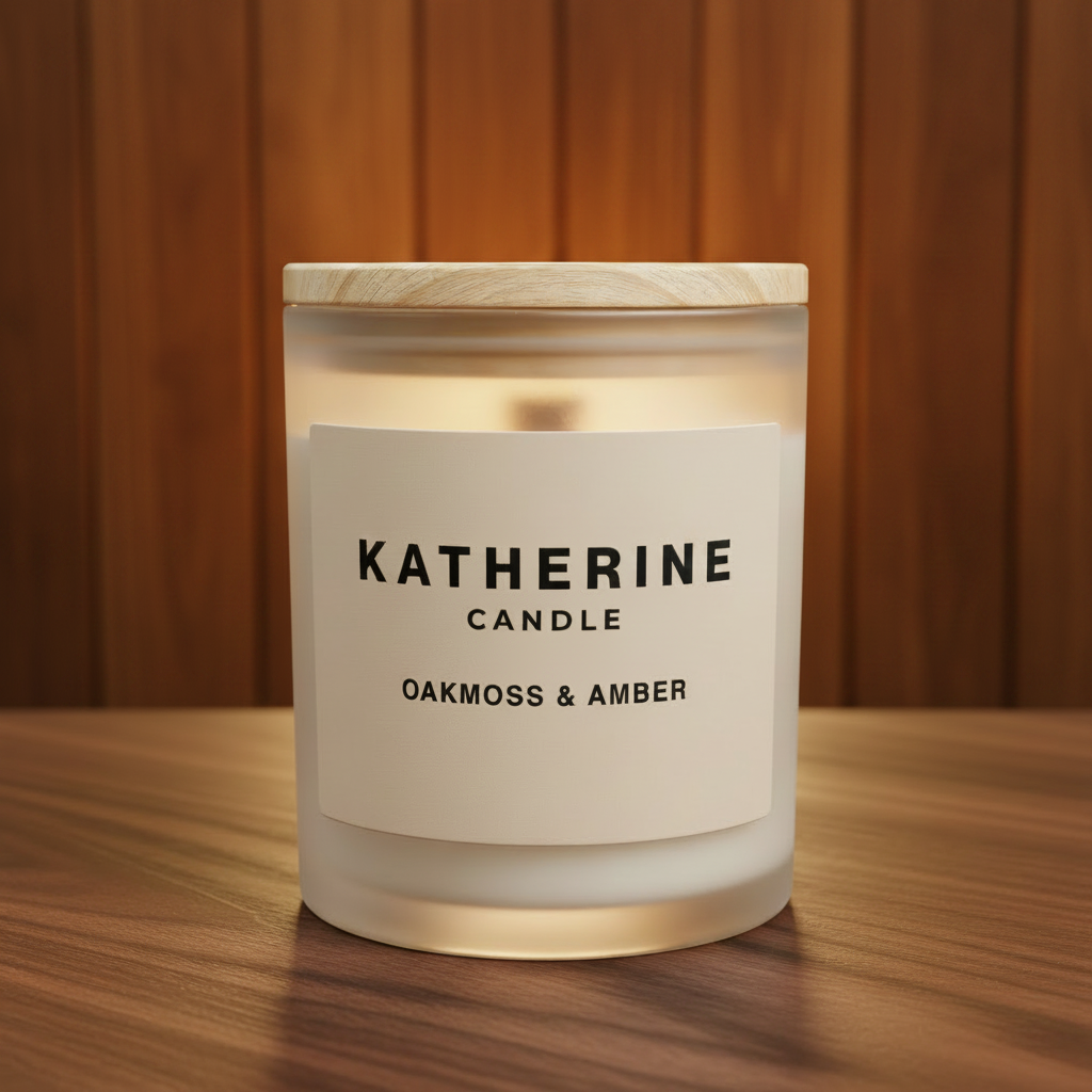 Candle labeled 'Katherine Candle' with 'Oakmoss & Amber' fragrance