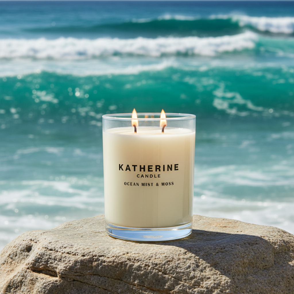 Ocean Mist & Moss candle in clear glass jar, three flames, off-white wax on rock