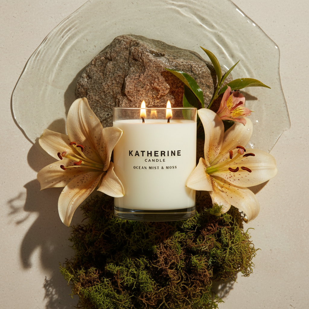 Ocean Mist & Moss candle in clear glass jar, three flames, off-white wax, KATHERINE label