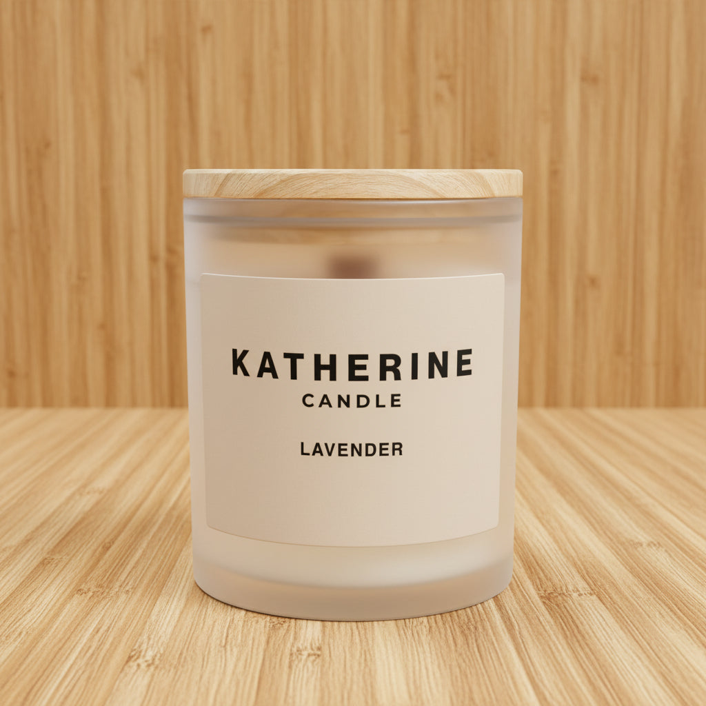 Katherine Candle lavender scented candle with wooden lid on a white background