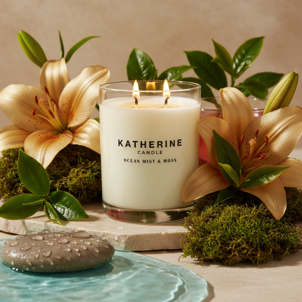 Ocean Mist & Moss candle in clear glass jar with three flames, off-white wax and florals