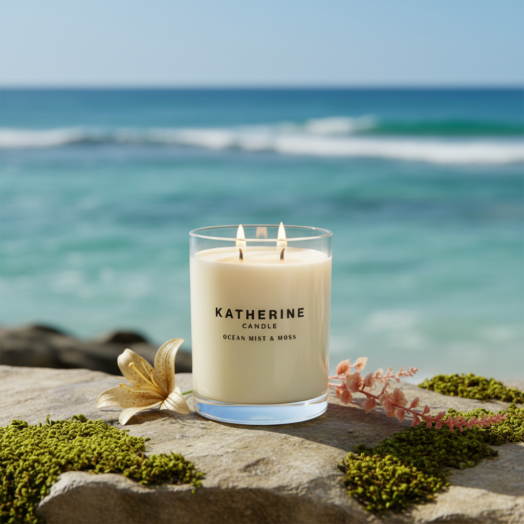 Ocean Mist & Moss candle in clear glass jar with three flames, off-white wax on stone