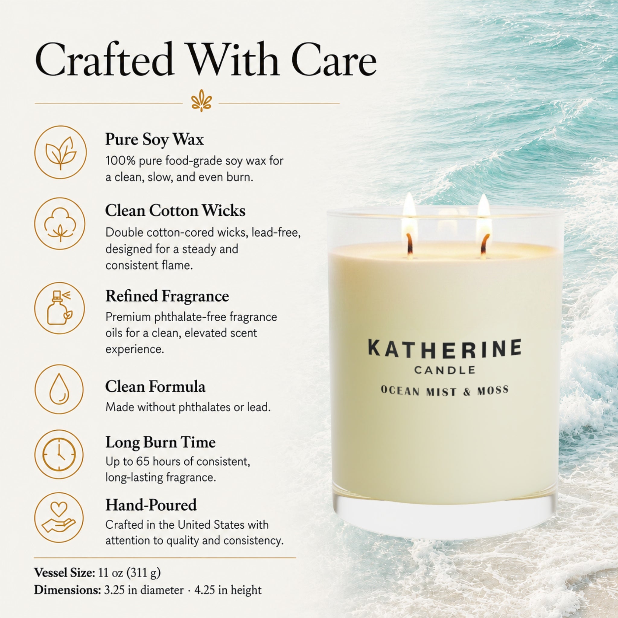 Ocean Mist & Moss candle with clear glass jar and off-white wax, KATHERINE label