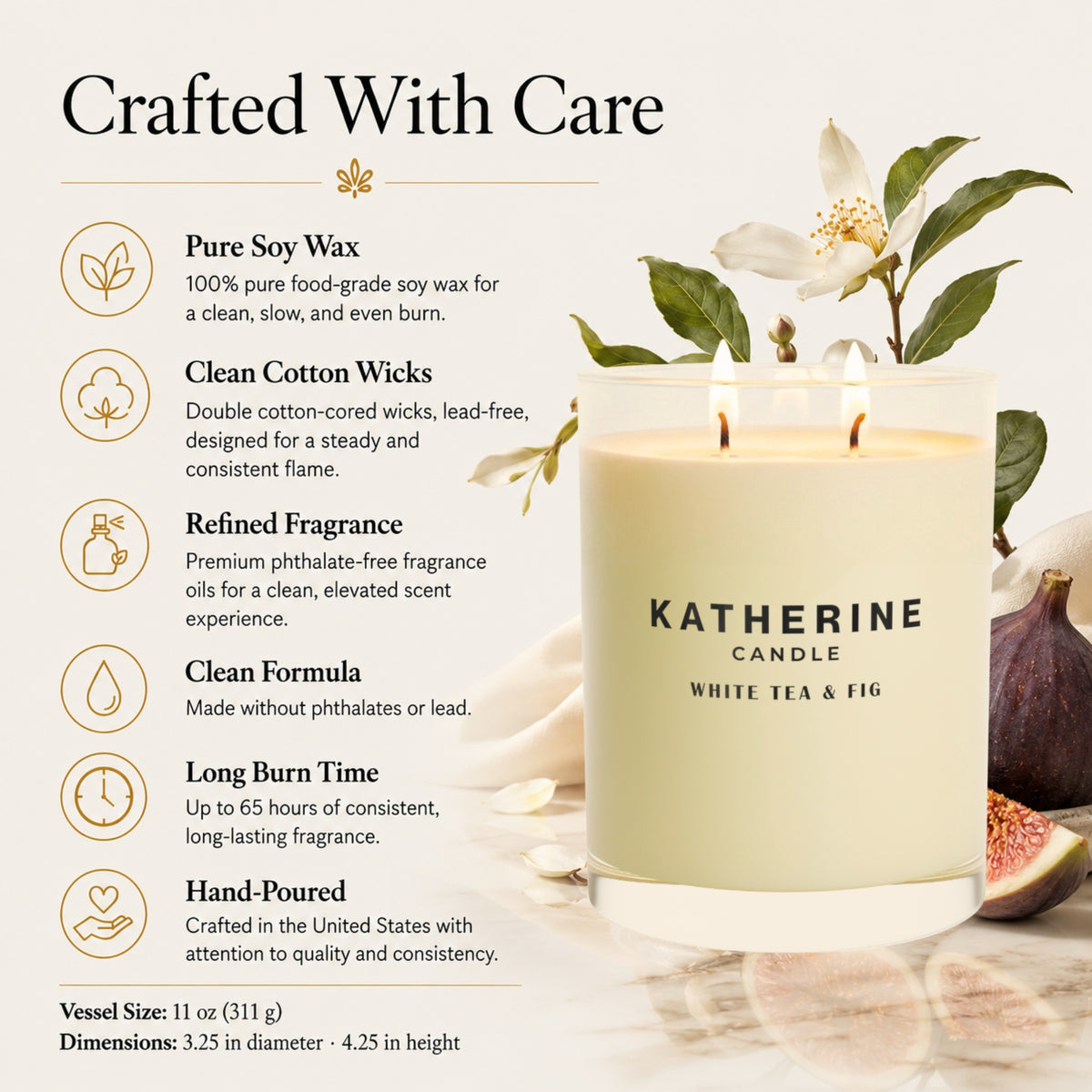 White Tea & Fig soy candle in glass jar with two flames