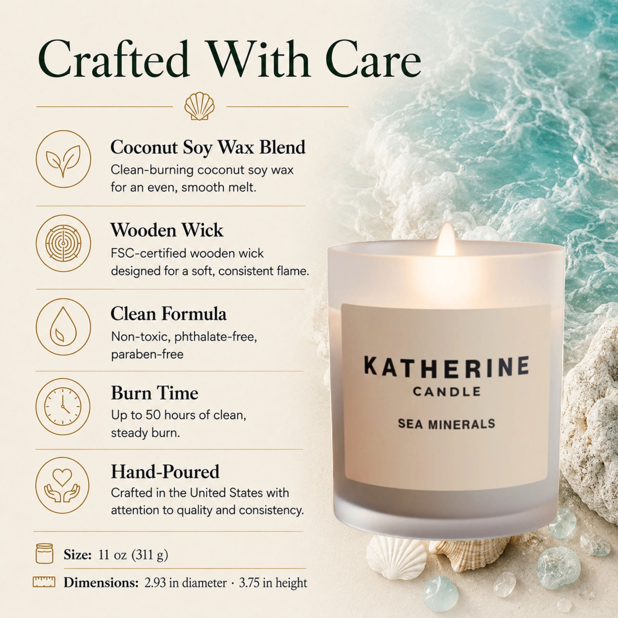Sea Minerals candle in frosted jar, KATHERINE CANDLE label, wooden wick flame.