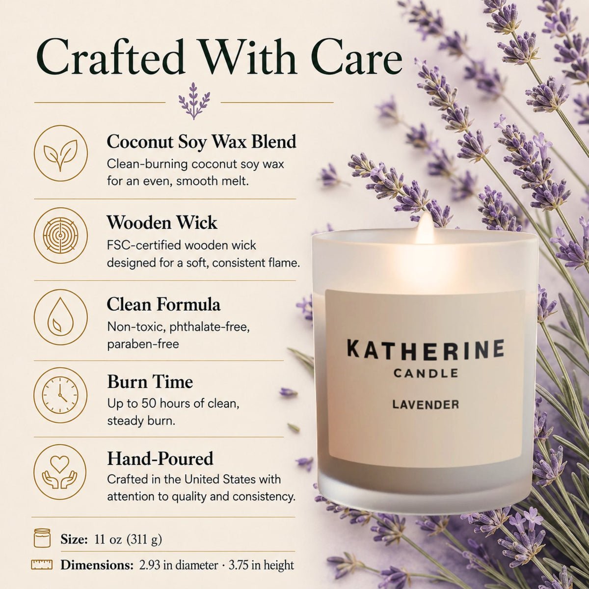 Lavender candle with KATHERINE CANDLE label beside care info text: coconut soy wax