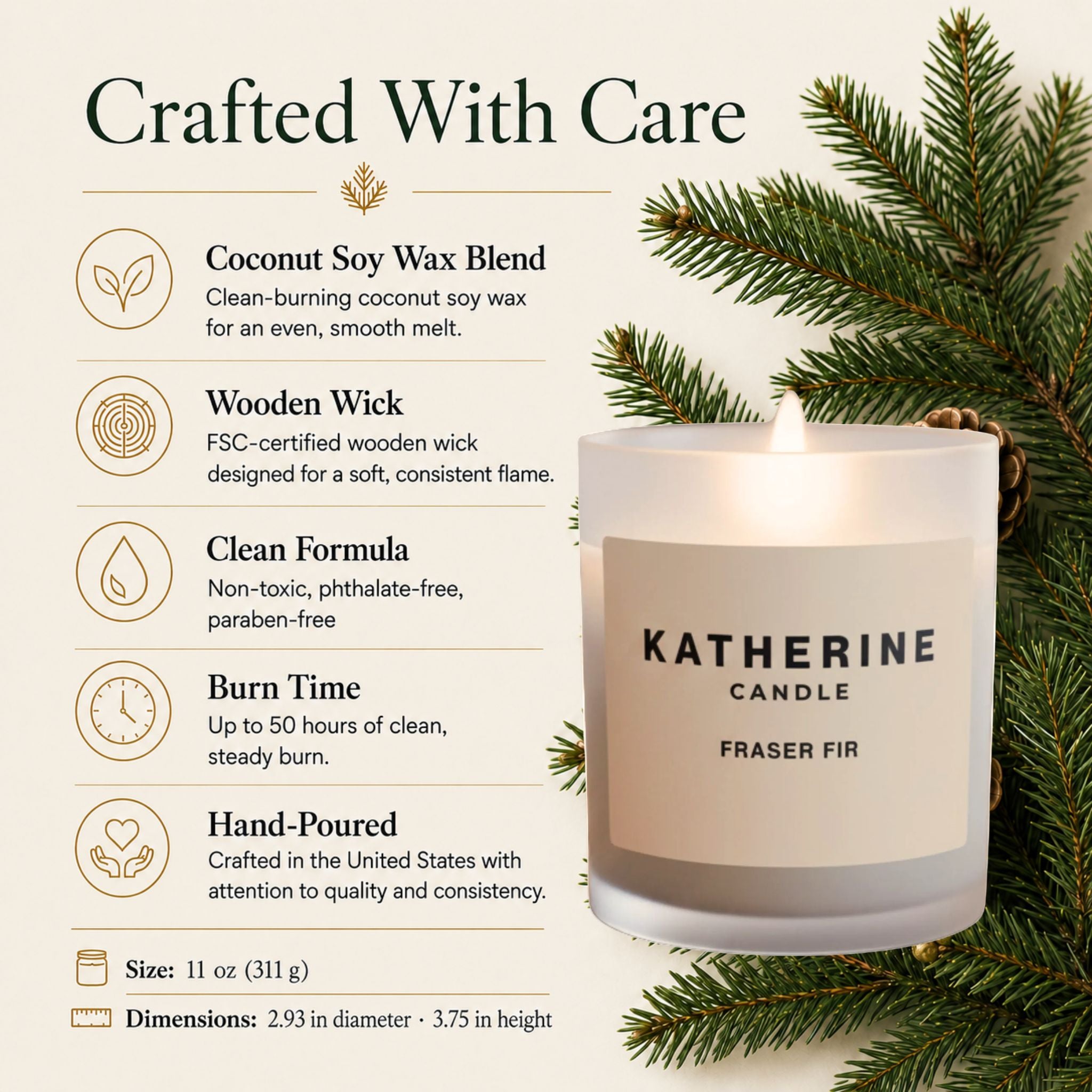 White jar candle with KATHERINE CANDLE FRASER FIR label and Crafted With Care text