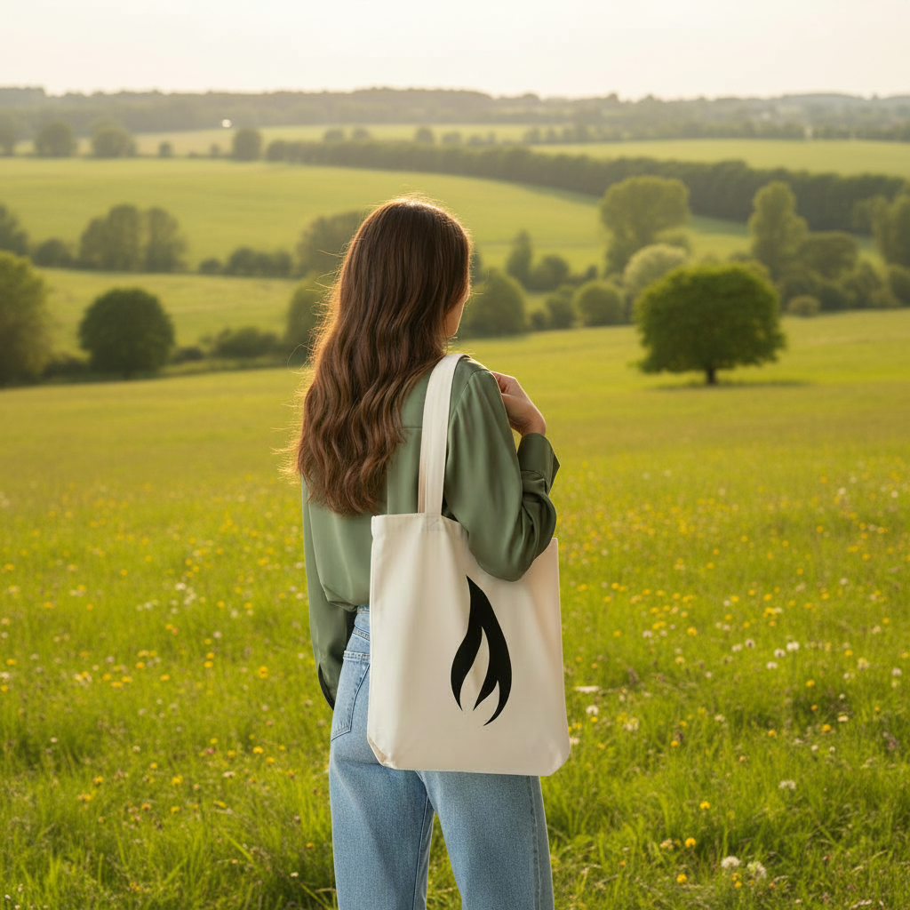 Natural canvas tote bag with flame emblem, long handles, open top.