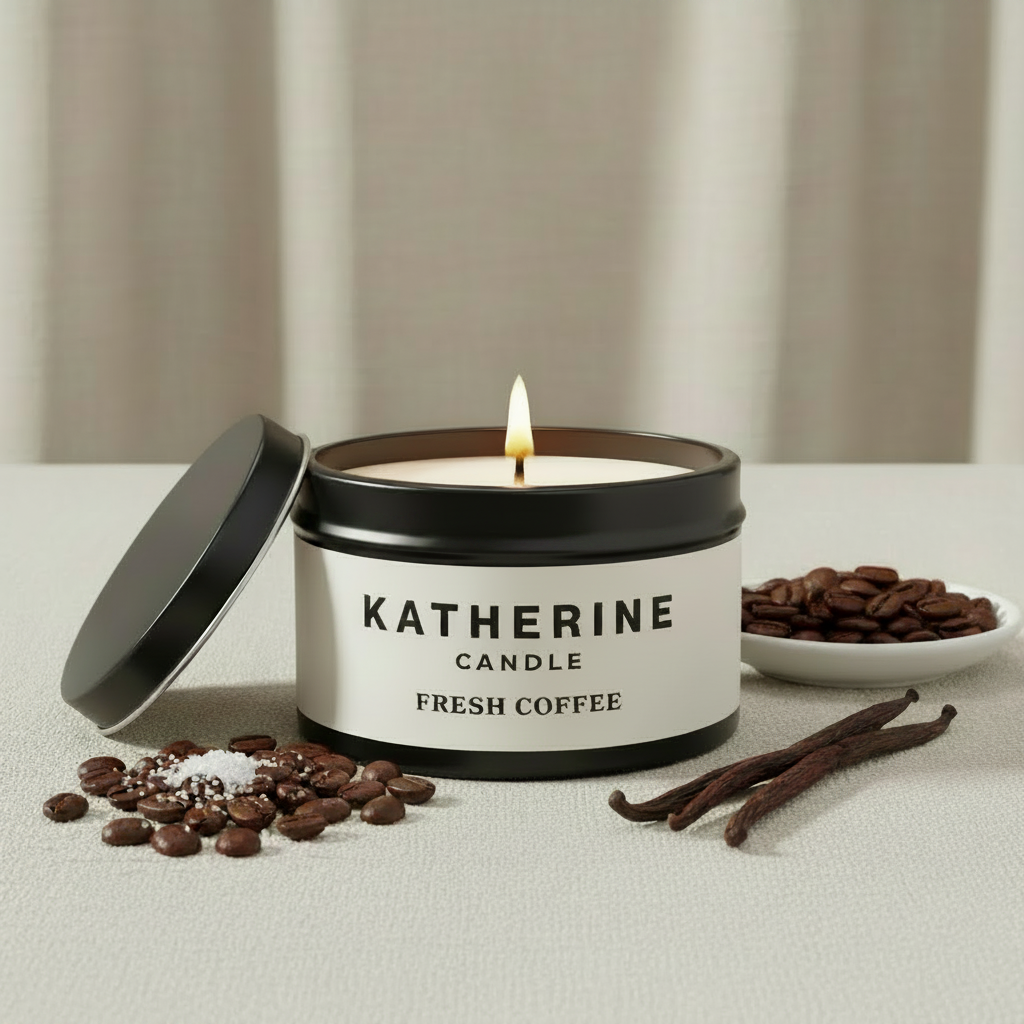 Black candle jar with open lid and burning wick, coffee-scented label with beans