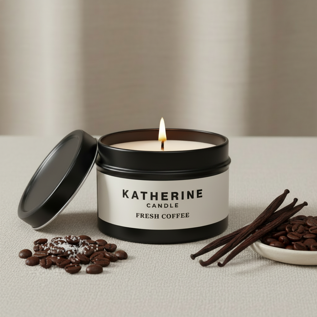 Black candle jar with open lid, burning wick, coffee-scented label