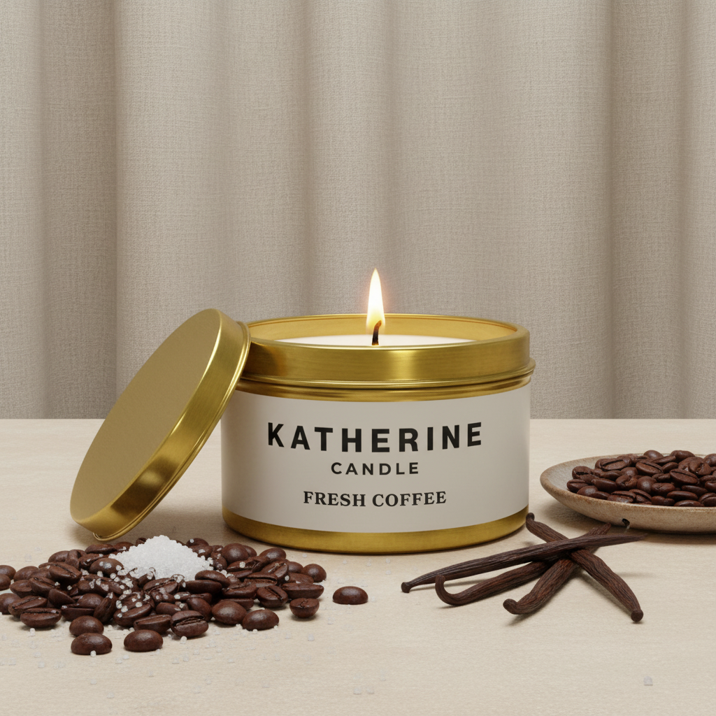 Gold candle jar with open lid and burning wick, coffee-scented label