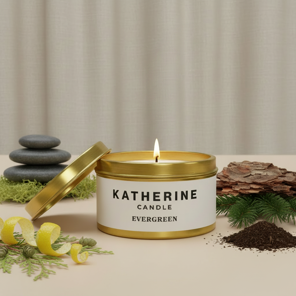 Gold metal candle tin with flame and lifted lid, KATHERINE CANDLE branding
