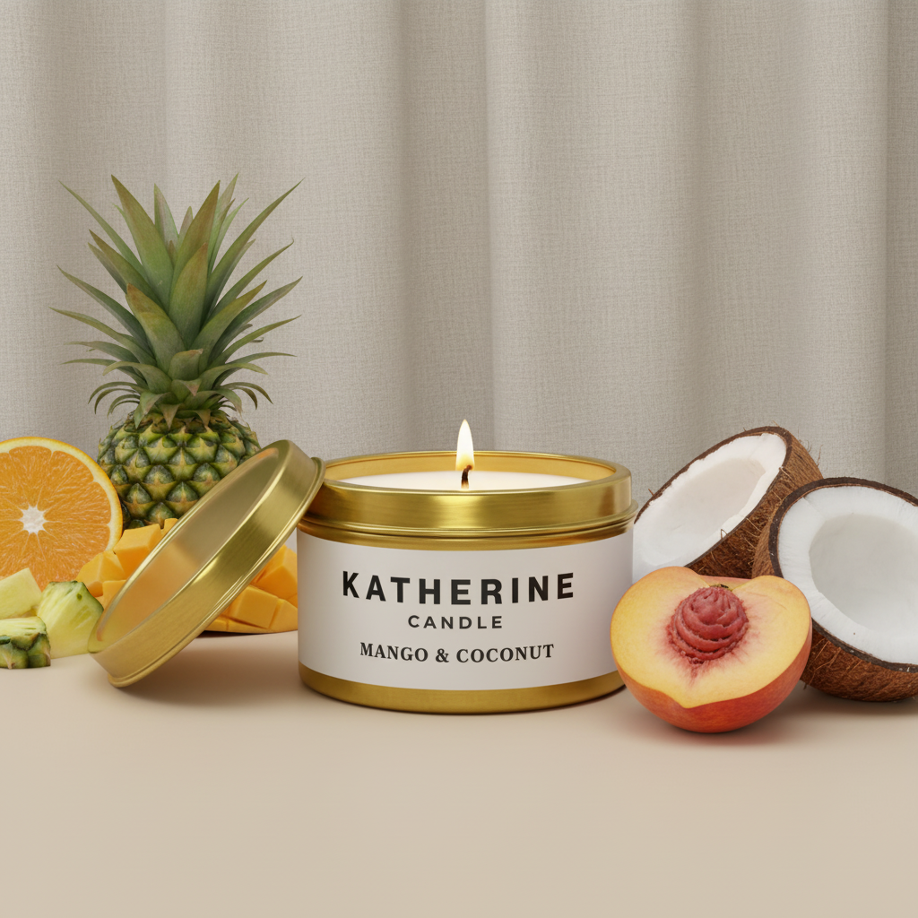 Gold candle jar with open lid and lit wick, mango & coconut label
